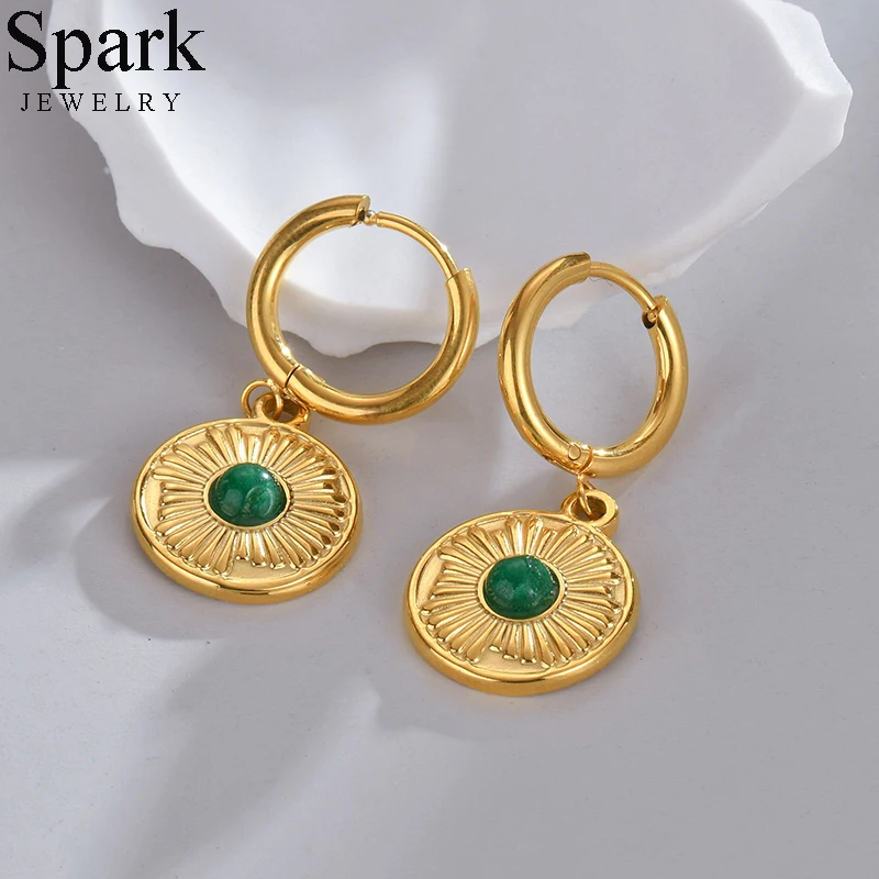 Spark New Stainless Steel Green Stone Hoop Earrings For Women Girl Jewelry Anniversary Party Wedding Gifts