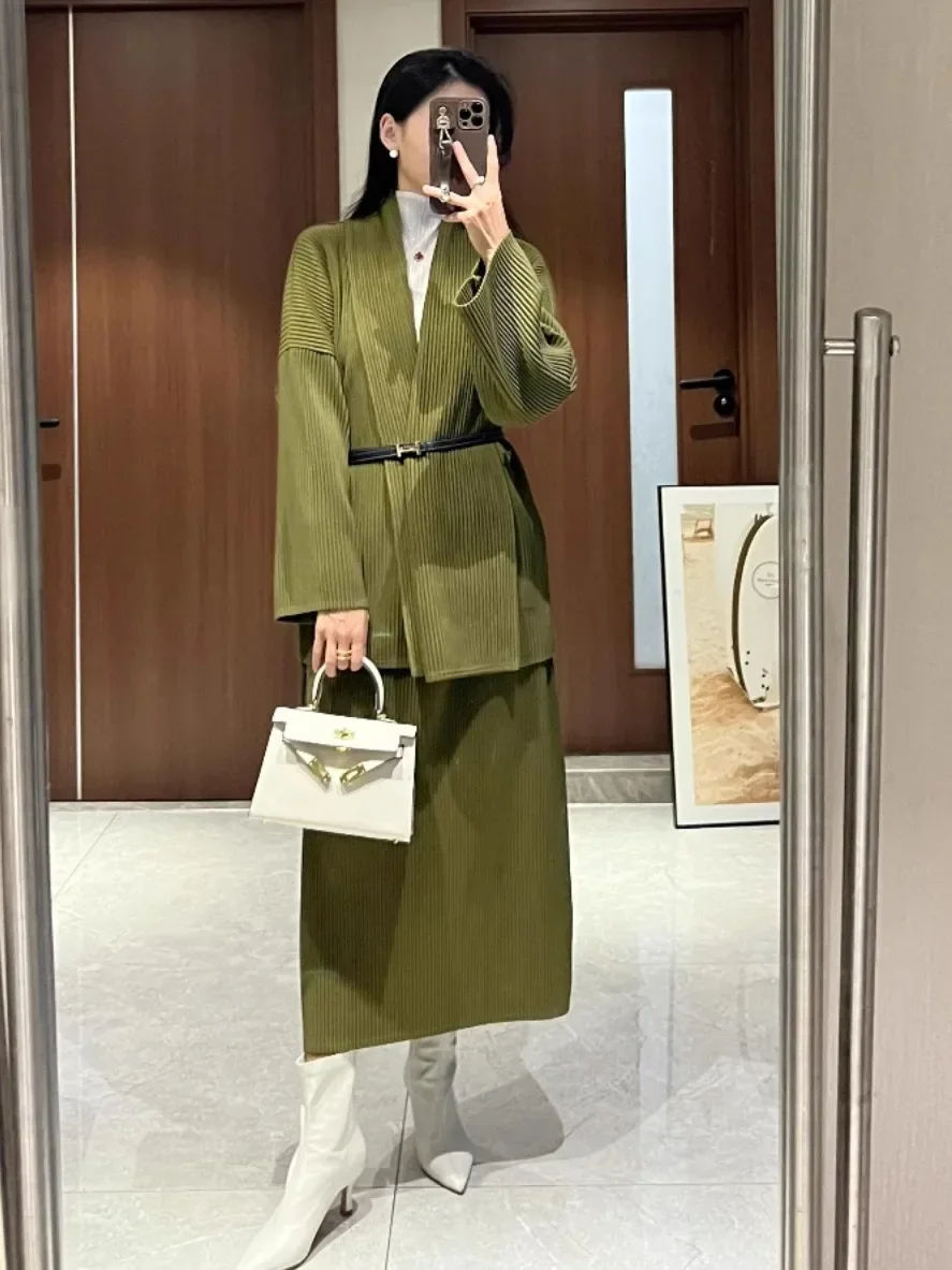 ALSEY Pleated Jacket Half Skirt Set Fashion Women 2 Pieces Thickened Plus Design 2024 Autumn New