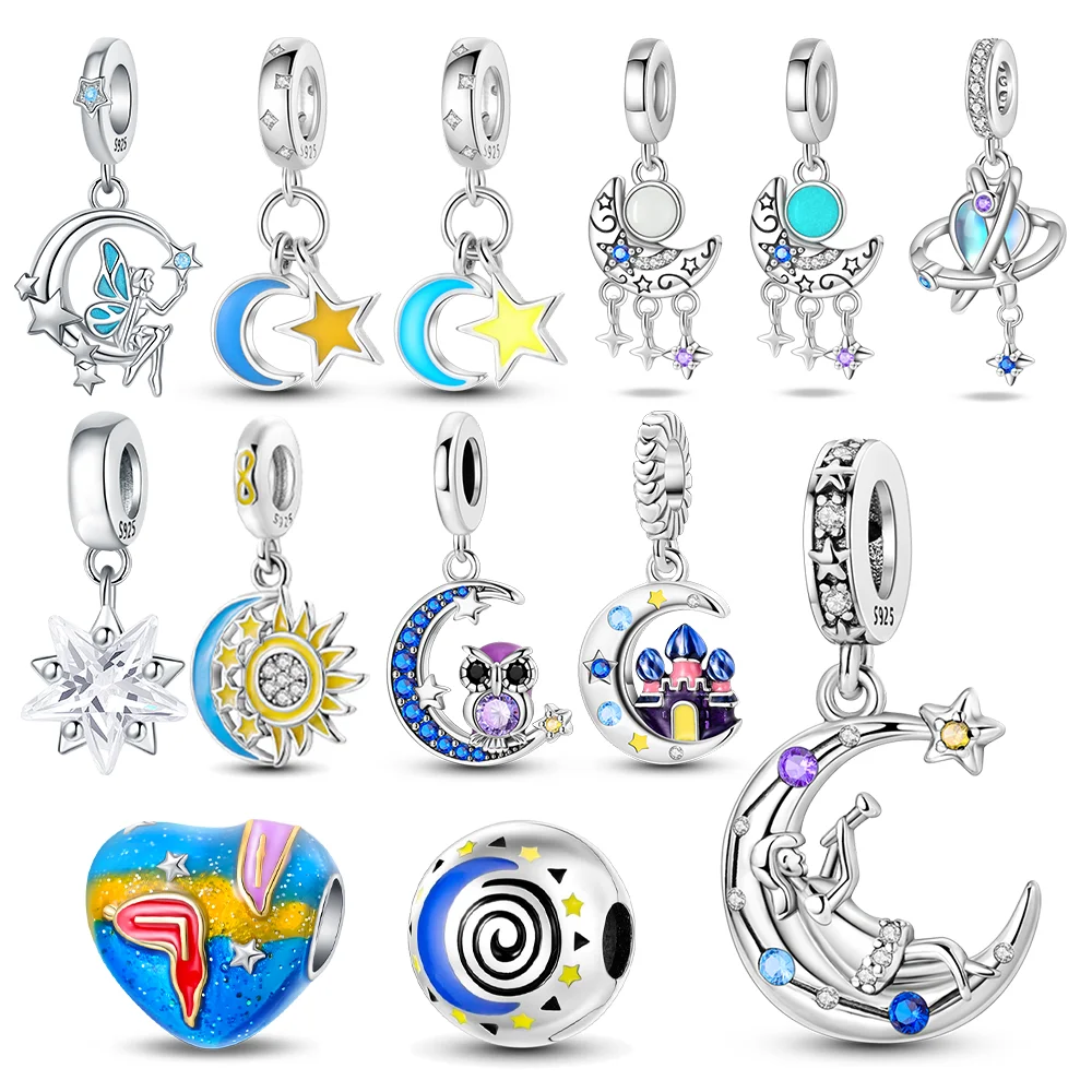 

Серебряные шармы 925 пробы: блестящие циркониевые бусины в форме луны, светящиеся звездные подвески для оригинальных браслетов, женские украшения для самостоятельного изготовления, изысканный подарок