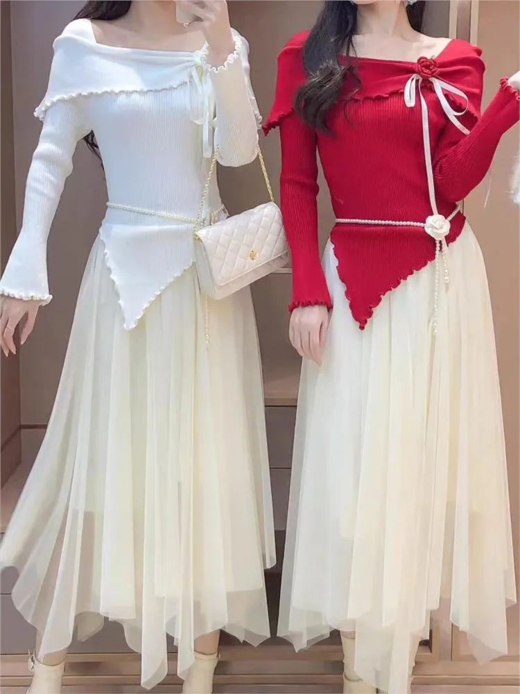 

French Vintage Party Gown Dress Sets Elegant 3D Floral Turn-down Collar Knit Slim Top Mesh Skirt Autumn Winter Two Pieces-set