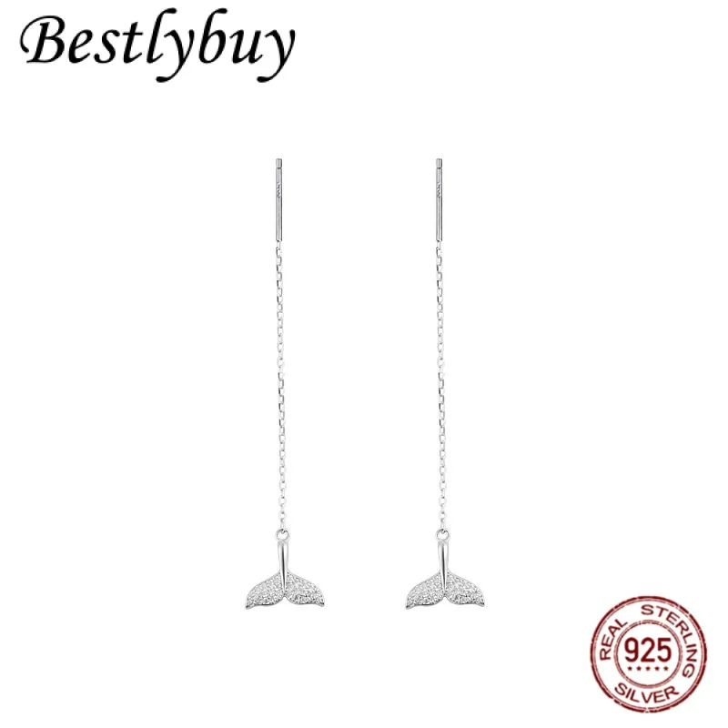 

S925 Sterling Silver Fashionable Mermaid Tail Long Tassel Earrings For Women Simple Temperament Light Luxury Ear Line