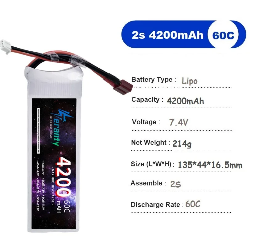 TERANTY-LiPo Bateria para RC Quadcopter, Helicóptero, Carro, Barco, Drones, Peças De Reposição, 2S, 7.4V, 4200mAh, 60C, T, XT60, XT90