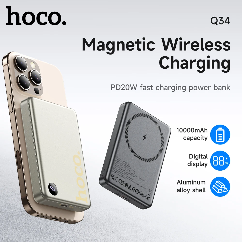 

HOCO 10000 мАч PD20W Магнитная беспроводная зарядка Power Bank для iPhone 16/15 Pro Max USB C PD Аварийная батарея со светодиодным дисплеем
