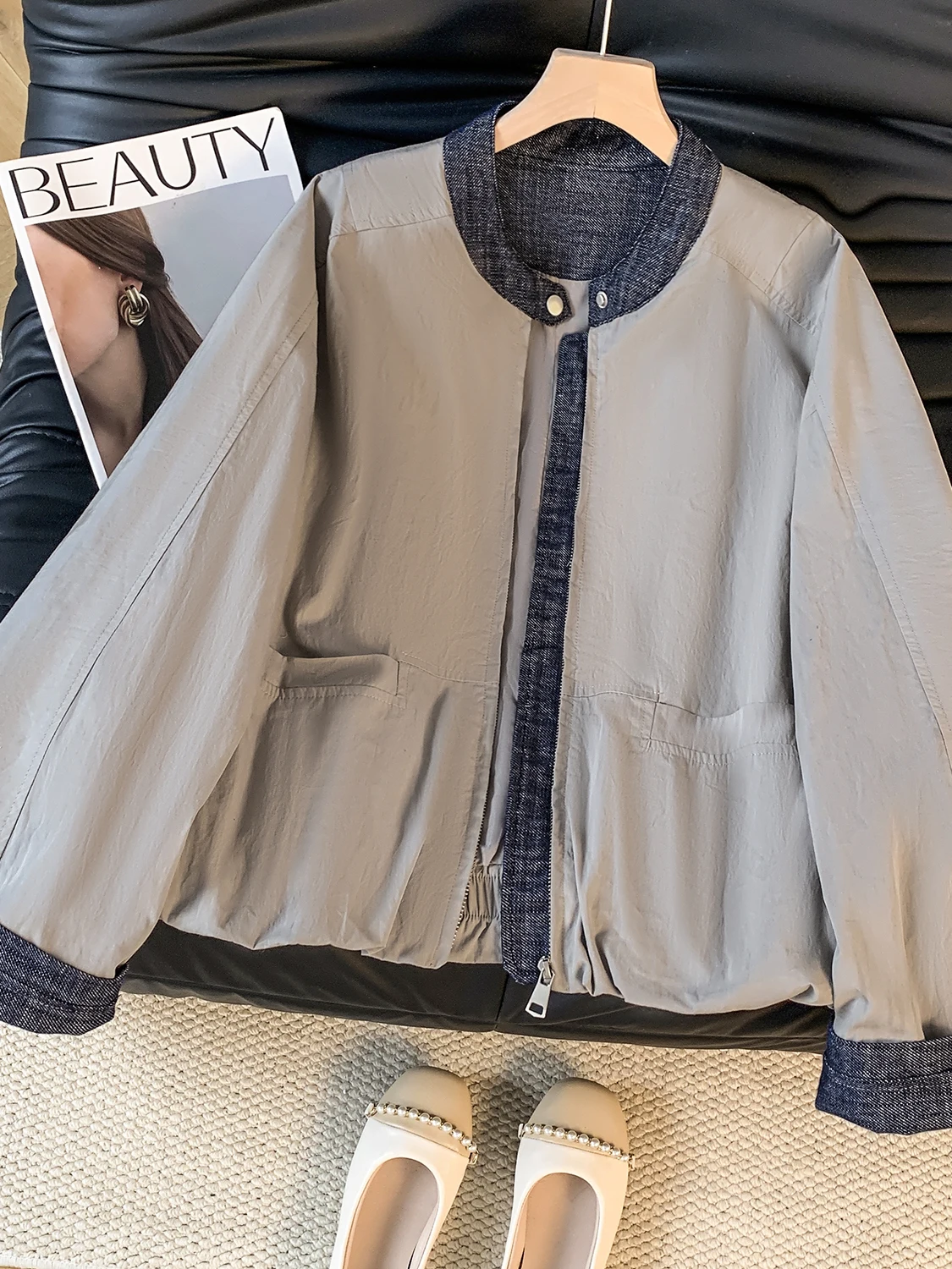 

Premium Feel Denim Patchwork Jaet Large Size Women's Early Autumn Loose Stand Collar Baseball Sle Top Cotton Blend Zipper...