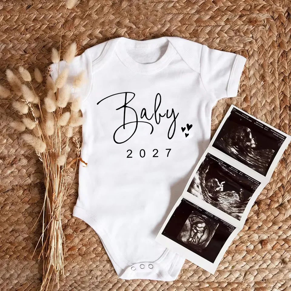 Body de Anúncio de Gravidez 2027 para Bebê, Macacão Engraçado para Recém-Nascidos Meninos e Meninas, Roupa de Bebê