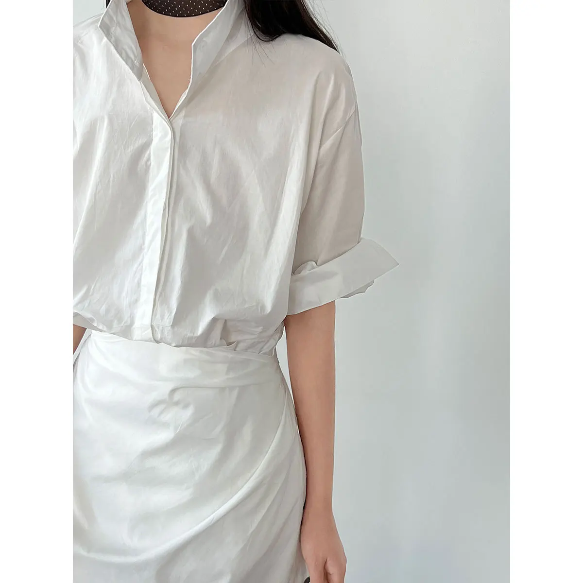 Korean Version Of The Design Sense Lace-up V-neck Waist Dress Women's Summer New Thin Shirt Long Skirt