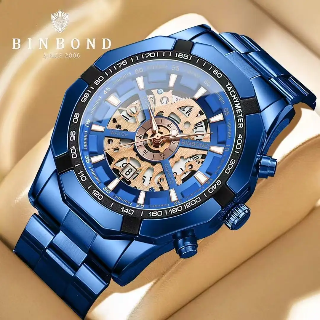 BINBOND 033 패션 레저 중공 비 기계 비즈니스 석영 남자 시계 방수 럭셔리 중공 디자인 클래식 남자 시계