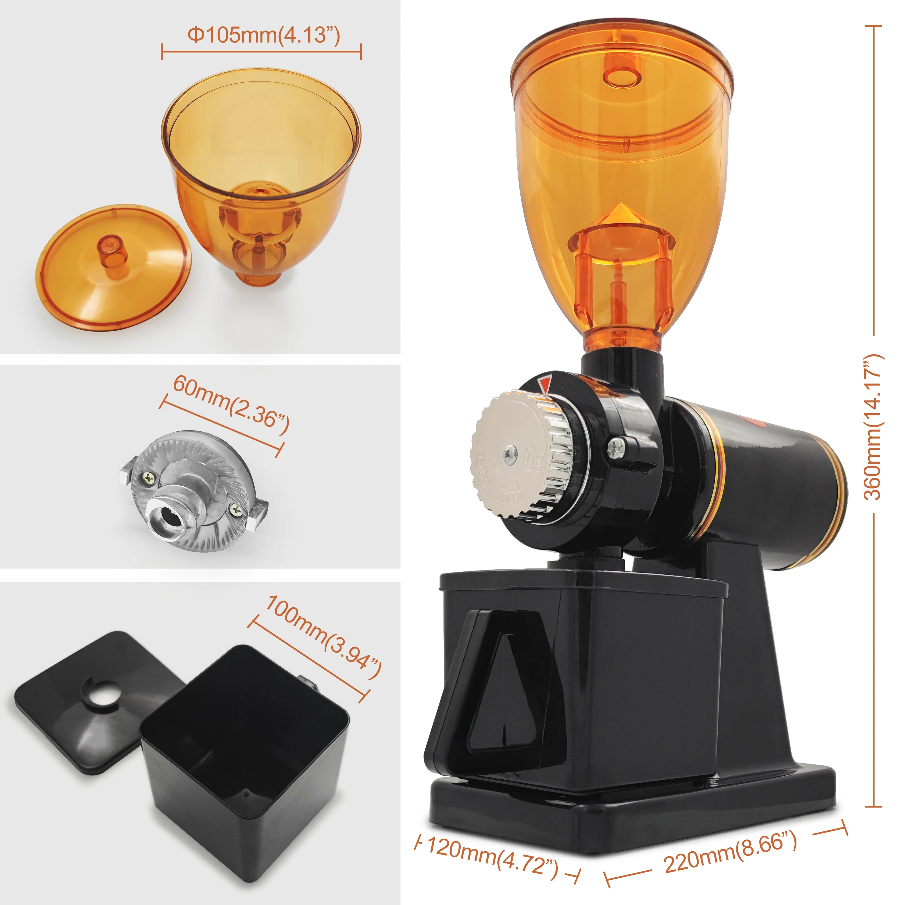 220V/110V Stainless Steel Espresso Coffee Grinder, Electric Grinder, Plane Burr Grinder, Automatic Detachable, 8 File Adjustable