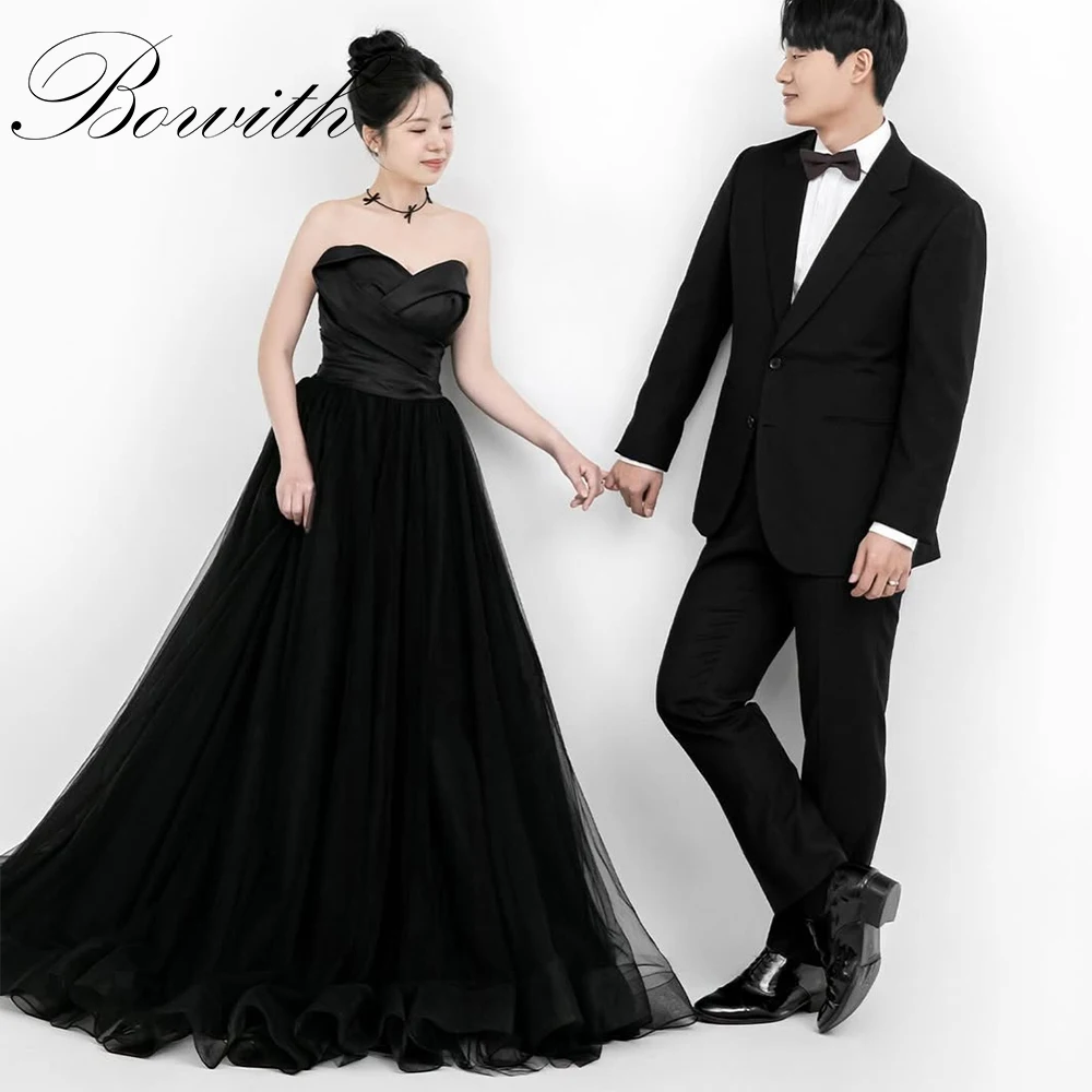 

Bowith Black Evening Dresses Korean Photoshoot Strapless A-line Wedding Party Gowns Detachable Puff Sleeves Customized Gown