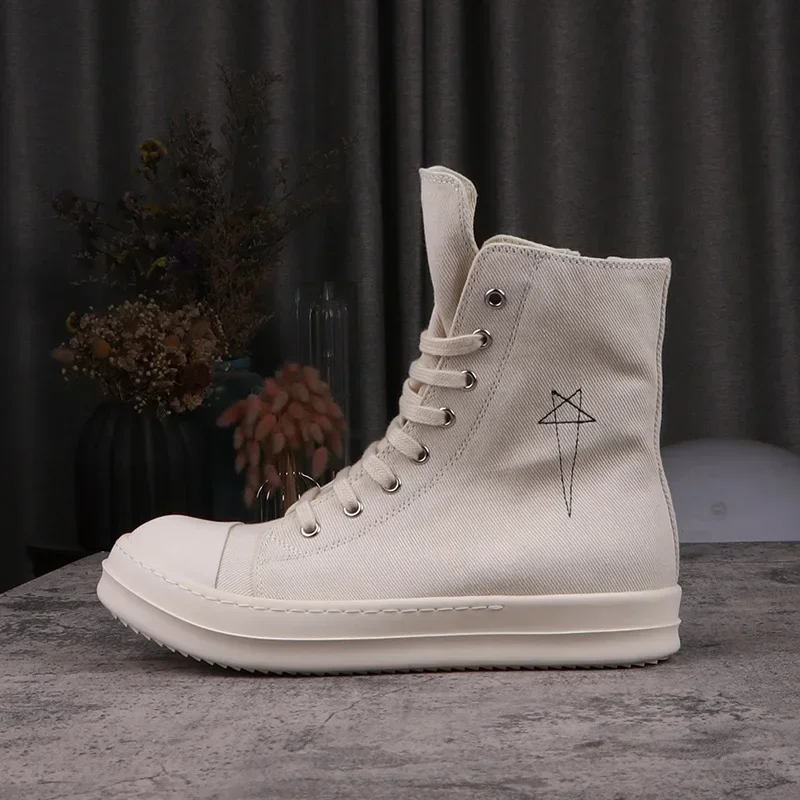 

24ss High Street Brand Rick Canvas Shoes Pentagram Star Embroidered Owens Women's Shoes Tie White Casual RO Men's Sneakers