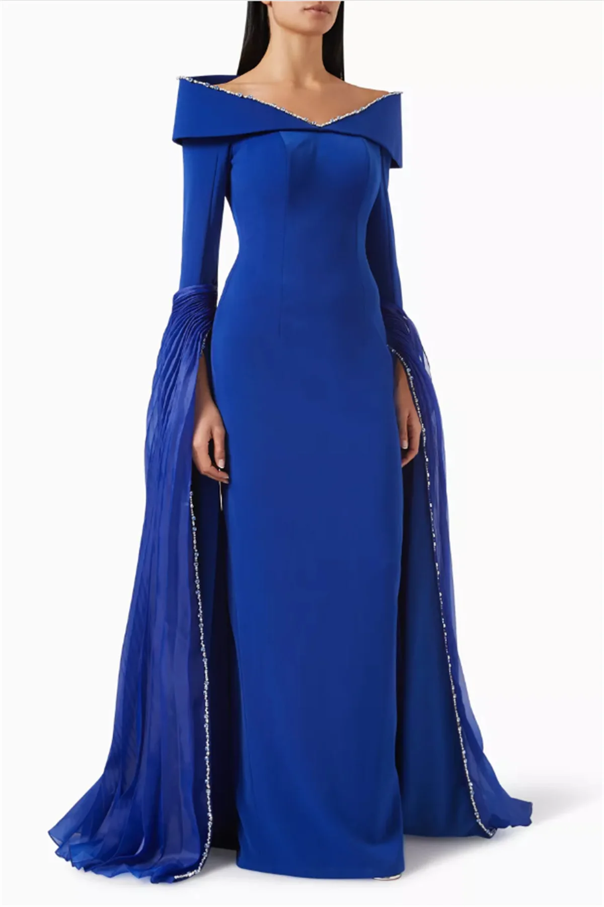 

Simple Blue Evening Dress Floor-Length Cape Sleeve V-Neck Off-the-Shoulder Elegant Saudi Arabian Long Prom Dress to the Floor