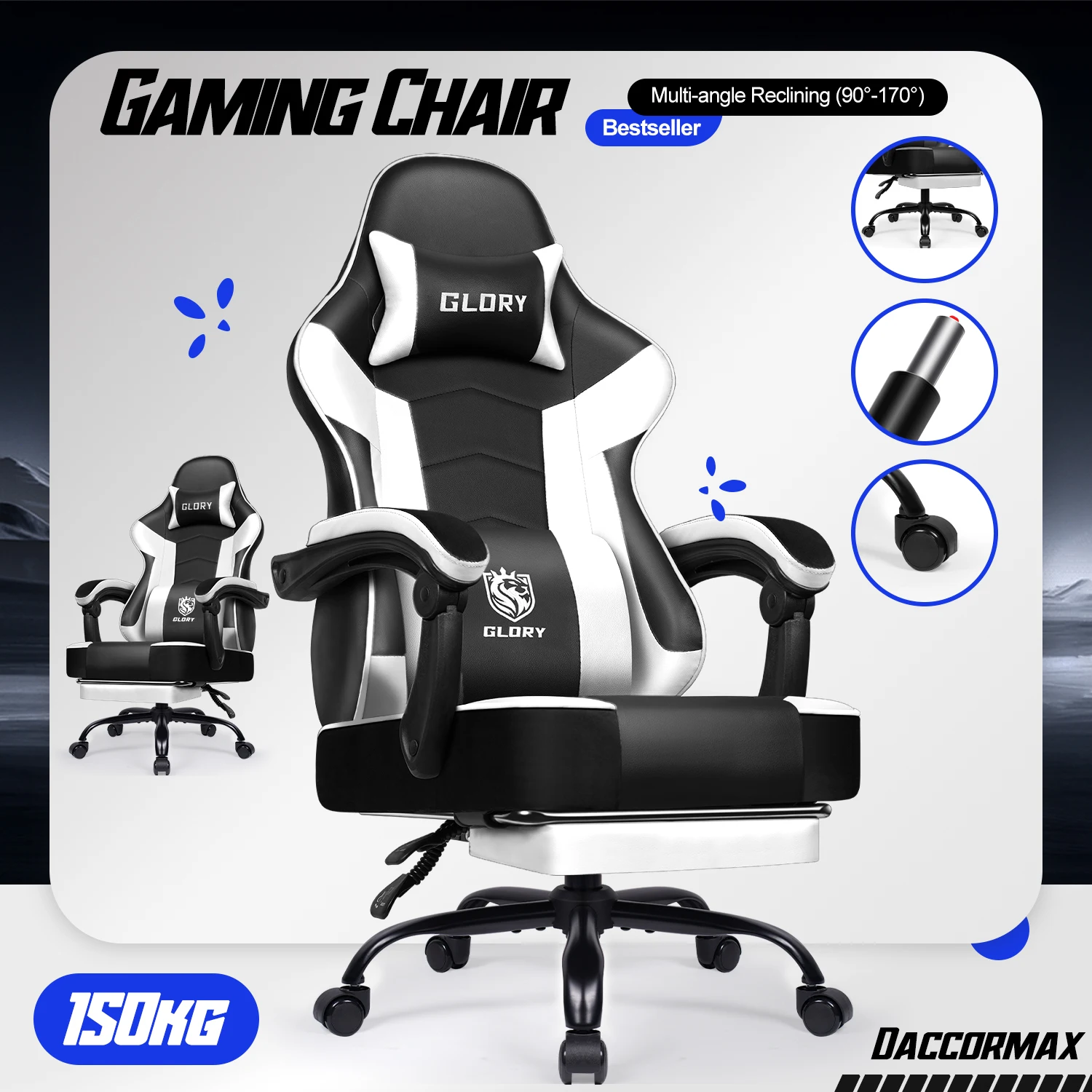 Chaise de jeu ergonomique Daccormax avec support lombaire réglable et appui-tête, conception à dossier haut + repose-pieds pliable pour les joueurs sur PC