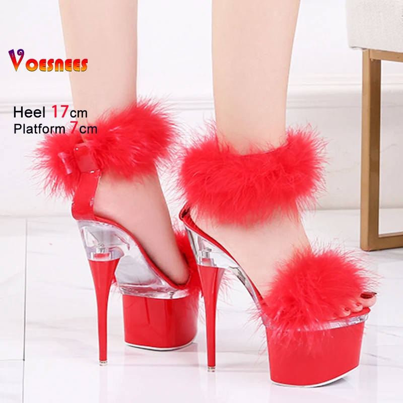 17CM Super High Heels For Ladies Club Nightclub Summer Fur Sandals Fashion Platform Buckle Strap Fetish Shoes Women Plus Size 43