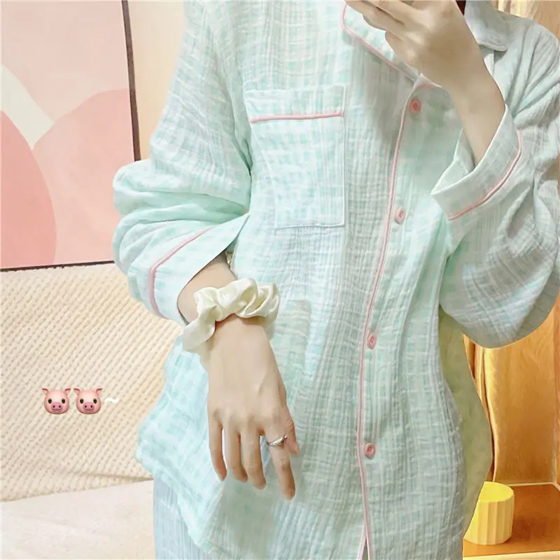 여성용 긴 소매 스포츠웨어 세트 봄 가을 편안한 피부 친화적인 격자 무늬 홈웨어 아우터웨어 귀엽고 달콤한 스타일