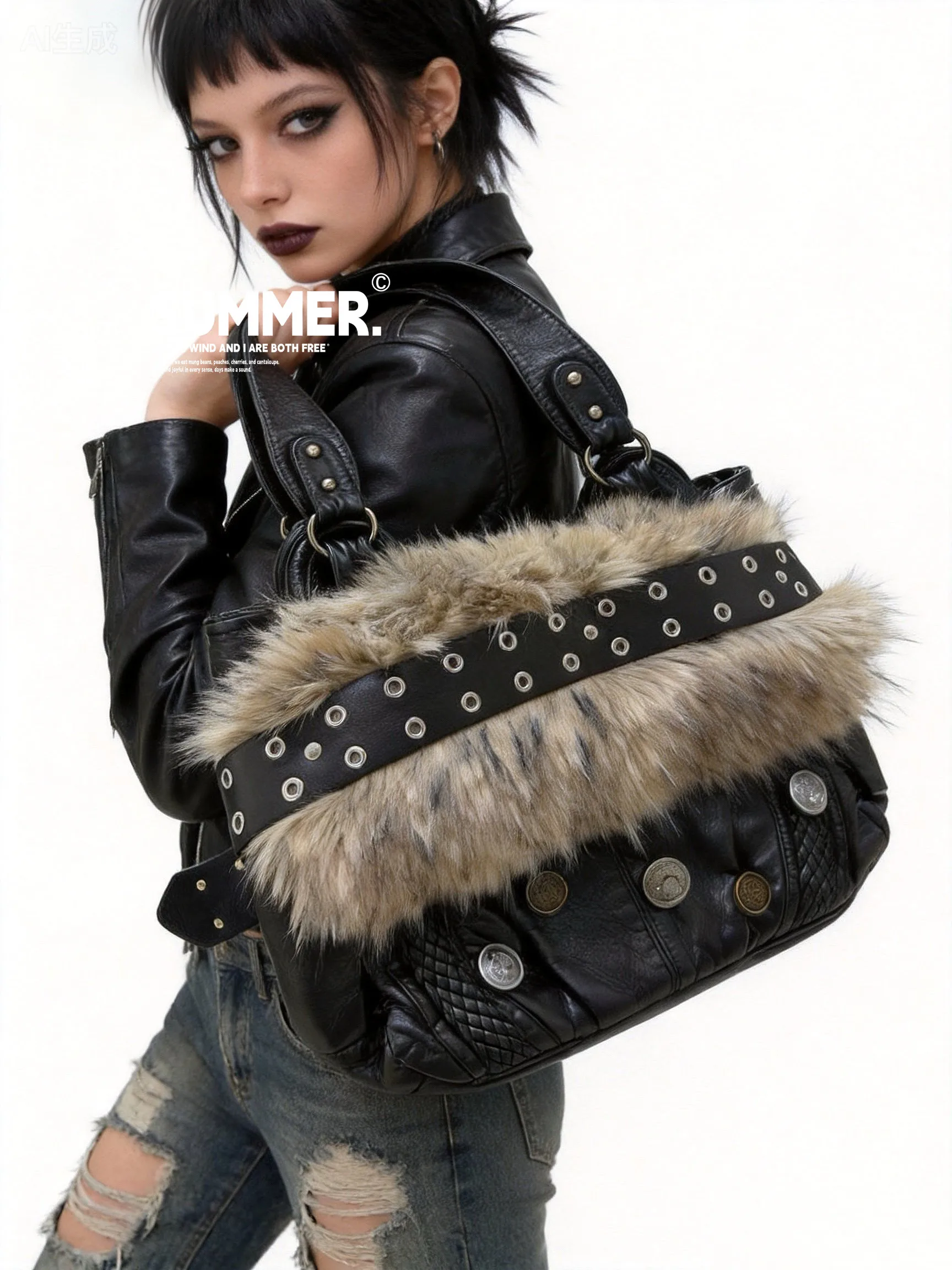 

Vintage Furry Shoulder Bag Rivet Button Millennium Underarm Bag for Women Original Design Spice Girl Brown Plush Handbags