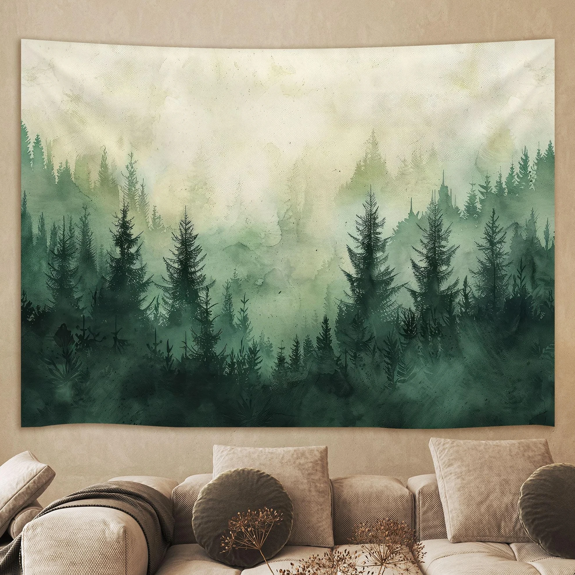 1PC Watercolor Green Forest Boho Tapestry Foggy Mountain Nature Scenery Wall Hanging for Living Room Decor