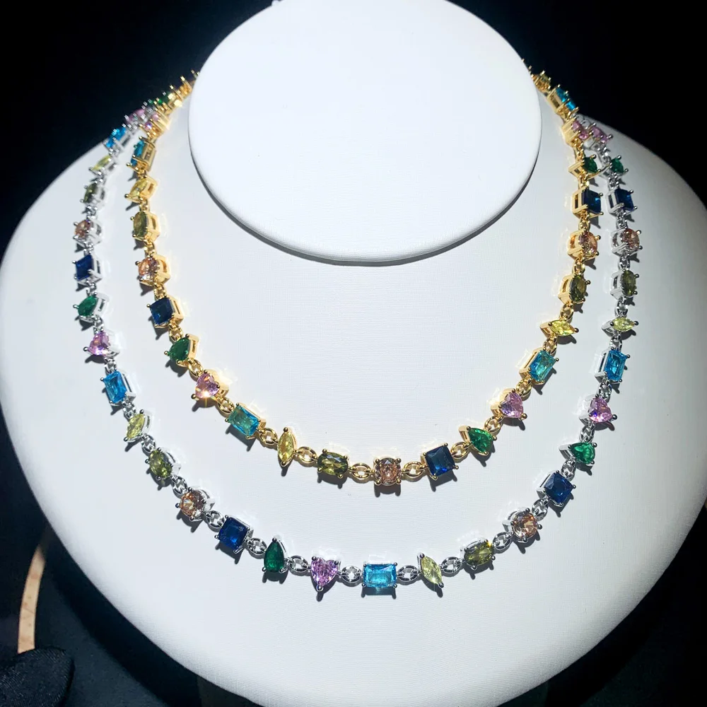 

Geometric Square Heart Beaded Prong Set Rainbow Cubic Zirconia CZ Tennis Chain Women Choker Necklace