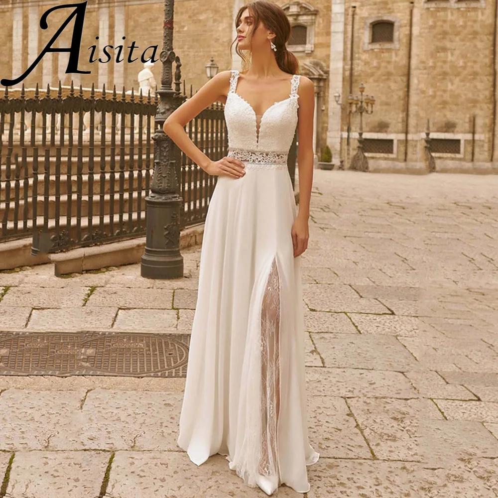 Faddish querida bainha vestido de casamento fenda lateral rendas apliques vestido de noiva sem mangas aberto volta personalizado vestidos de novia