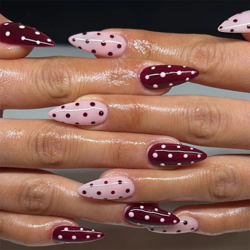 

24PCS Simple Almond Press on False Nails with Glue Retro Red Polka Dots Pattern Fake Nails Spice Girl Wearable Nail Manicure Set