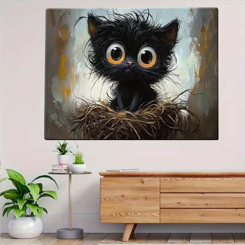 Big-eyed Black Cat Sitting in A Bird's Nest Poster and Prints Animal Canvas Painting Wall Art Picture for Living Room Home Decor view 2