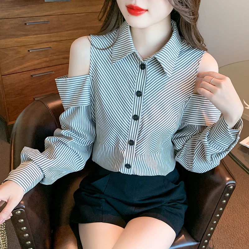 Korean Style Striped Strapless Shirt Women Long Sleeve Single Breasted Office Lady Tops Fashion Casual Versatile Blouse Female