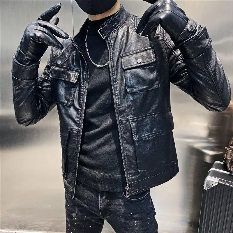 

2024 autumn pocket slim-fit standing collar PU leather high-grade leisure motorcycle leather jacket plankton handsome coat