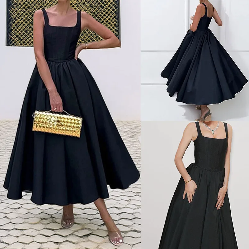Fashion Elegant Off Shoulder Dress Summer Dresses for Women Solid Color Bodycon Waist A Line Flowy