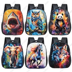 12 Inches Watercolor Animal Pattern Backpack for 2-4 Years Panda Wolf Owl Shark Bookbags Kindergarten Toddler School Bags