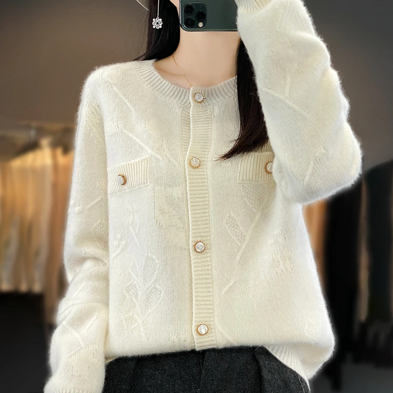 23 Autumn And Winter New Woolen Sweater Women's Round Neck Long Sleeve 100% Pure Wool Loose Luxury Jacquard Fake Pocket Cardigan