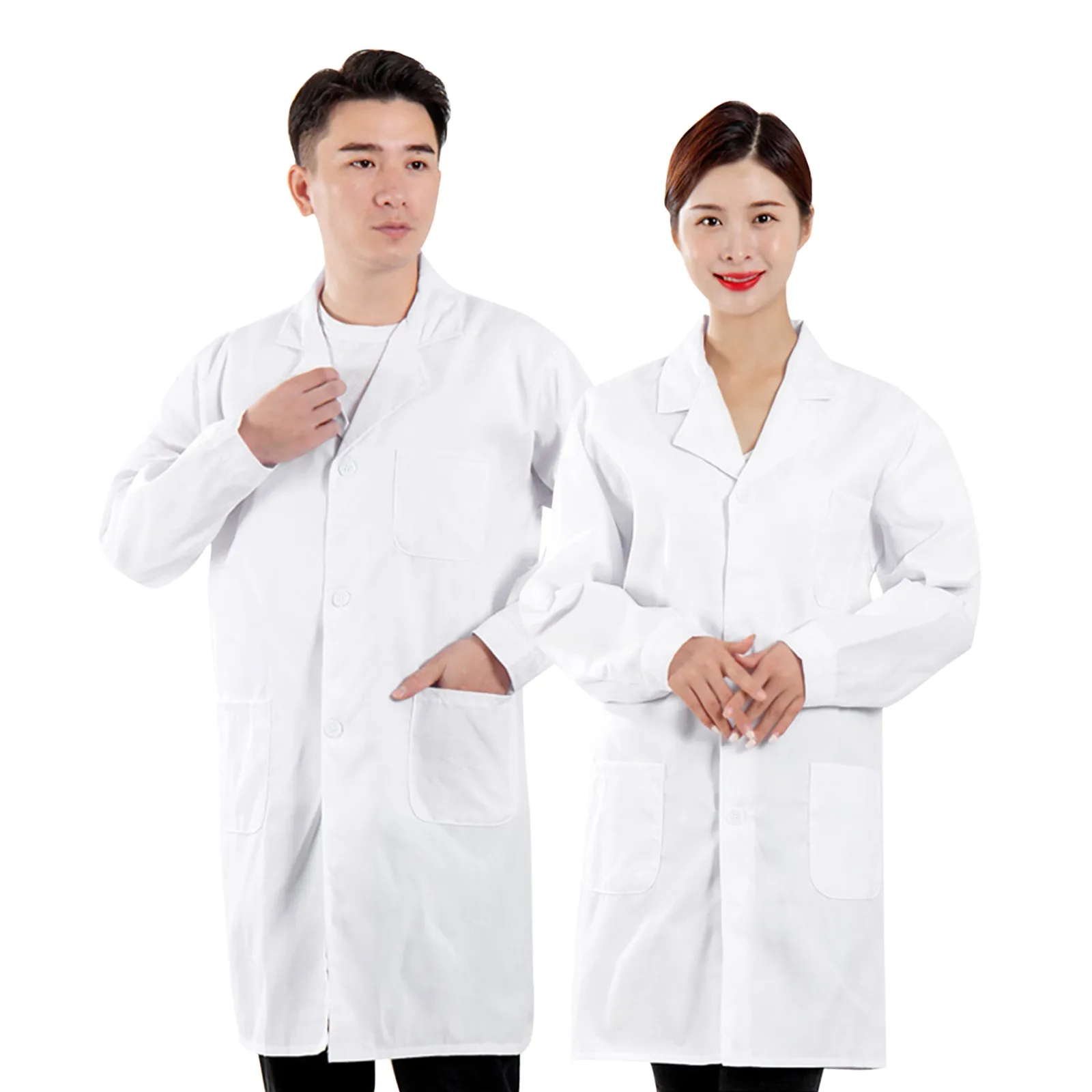 Bata de laboratorio blanca de manga larga Unisex, cuello de solapa con muescas, botón hacia abajo, uniforme de médico y enfermera, blusa