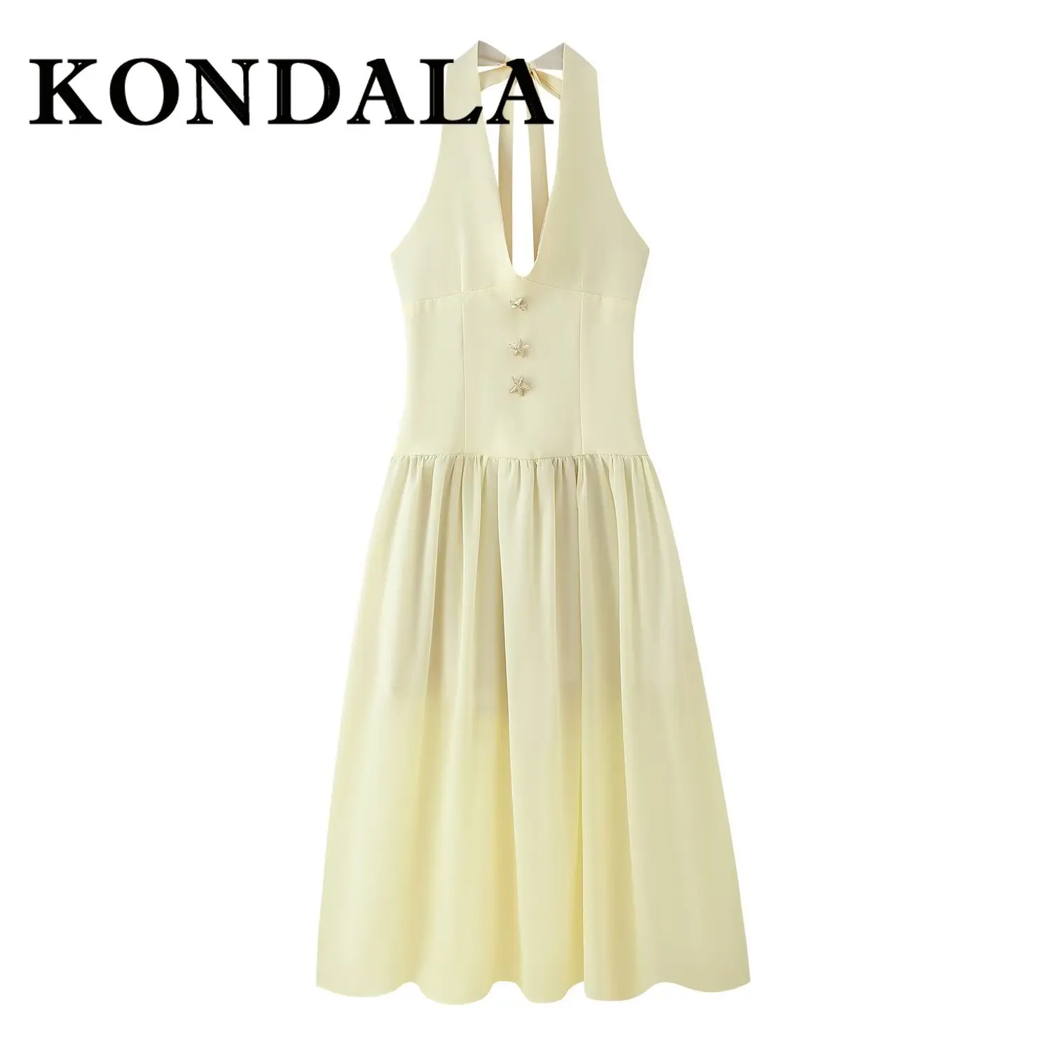 KONDALA 2025 الصلبة الأصفر المرقعة فستان طويل نجم البحر الديكور عارية الذراعين الرقبة شنت فستان مثير سستة القوس الإناث Vestidos