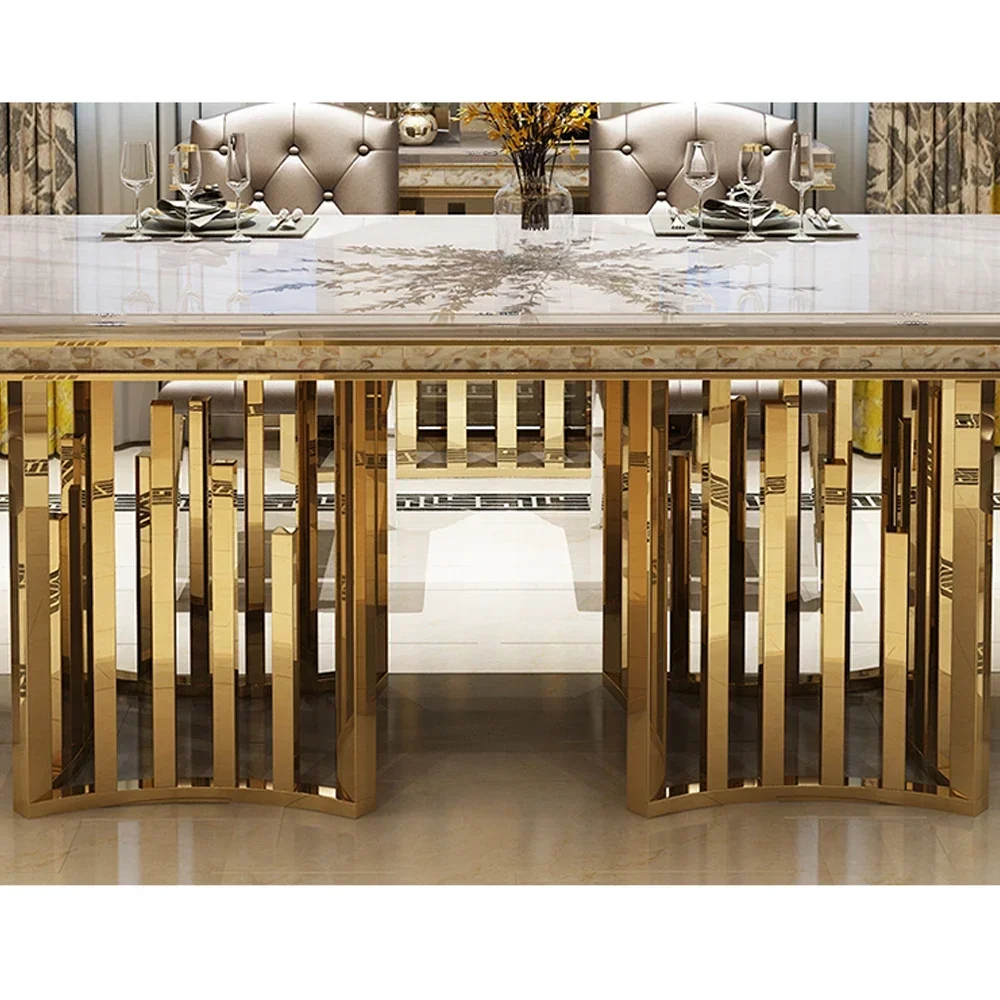 MANBAS Luxury Marble Dining Table Set with Gold Stainless Steel Frame, Dining Room Table with Sea Shell and High-Back Chairs