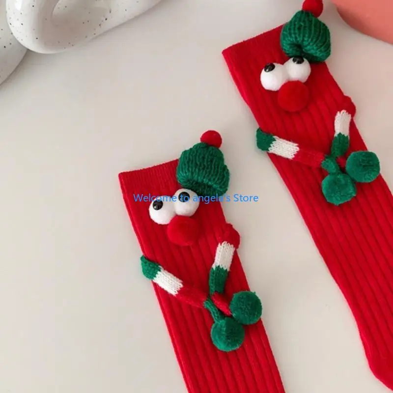 X4YC 귀여운 큰 눈 크리스마스 스타킹 어린이 만화 자석 양말 축제 착용