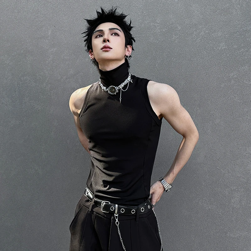 FEWQ بسيط الرجال تانك القمم أكمام الياقة المدورة بلون الصيف عادية عالية الشارع سترات ضئيلة البلوز الذكور الملابس 24K5062 #2