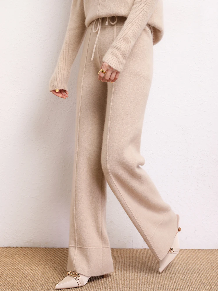 Elegant Women's Trousers 100% Cashmere Pants Wide Leg Pants Autumn Winter Warm Smart Casual Straight Pants Cozy Classic Trousers