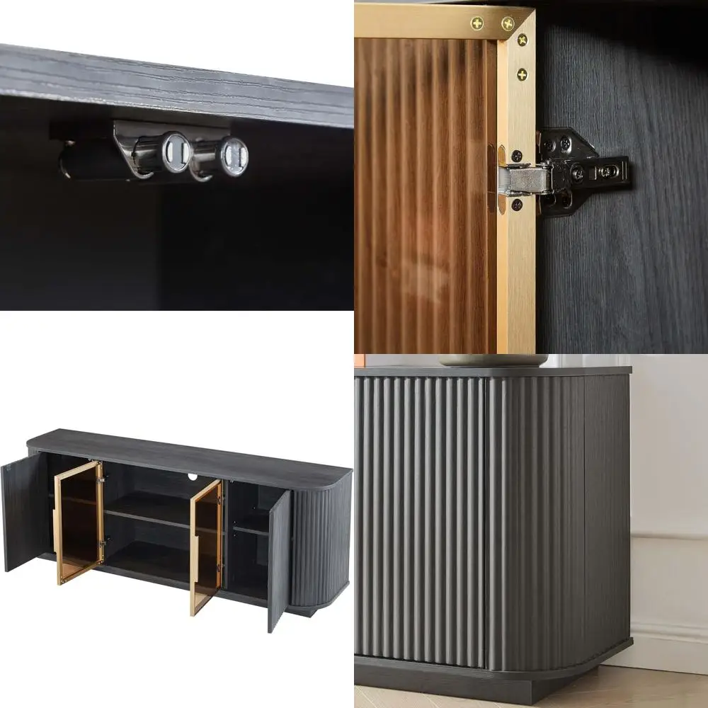 

Черная тумба под телевизор в стиле середины века с дверцами, вместимость для ТВ 65 дюймов, деревянный медиацентр, шкаф для хранения в гостиной/спальне