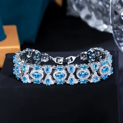 ThreeGraces High Quality Light Blue Cubic Zirconia Silver Color Elegant Link Chain Bridal Bracelet for Women Party Jewelry BR310