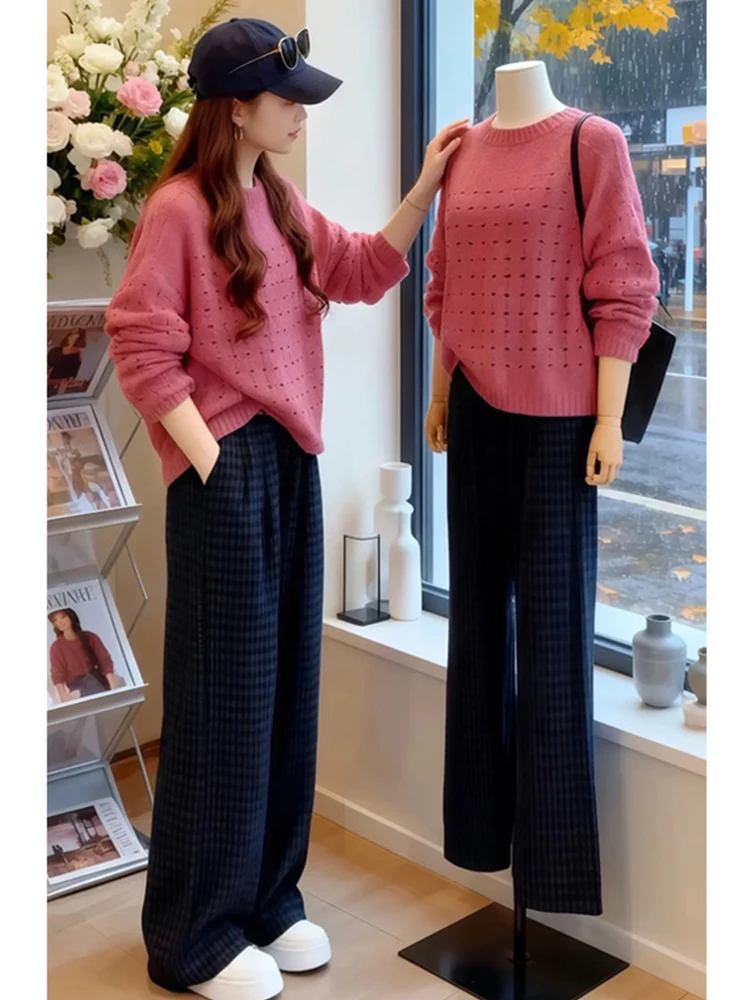 

Ele Casual Women's Knitted Hollow out round Ne Set Autumn Spring New Sle Korean Version Plaid Long Pants Two Piece Set