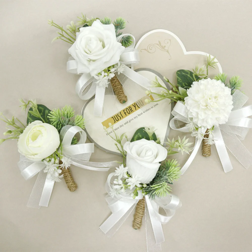 Witte Zijden Roos Boutonniere Voor Bruiloft Voor Man Kettingspelden Bloemen Armband Corsage Pols Kunstmatige Acessórios De Casamento