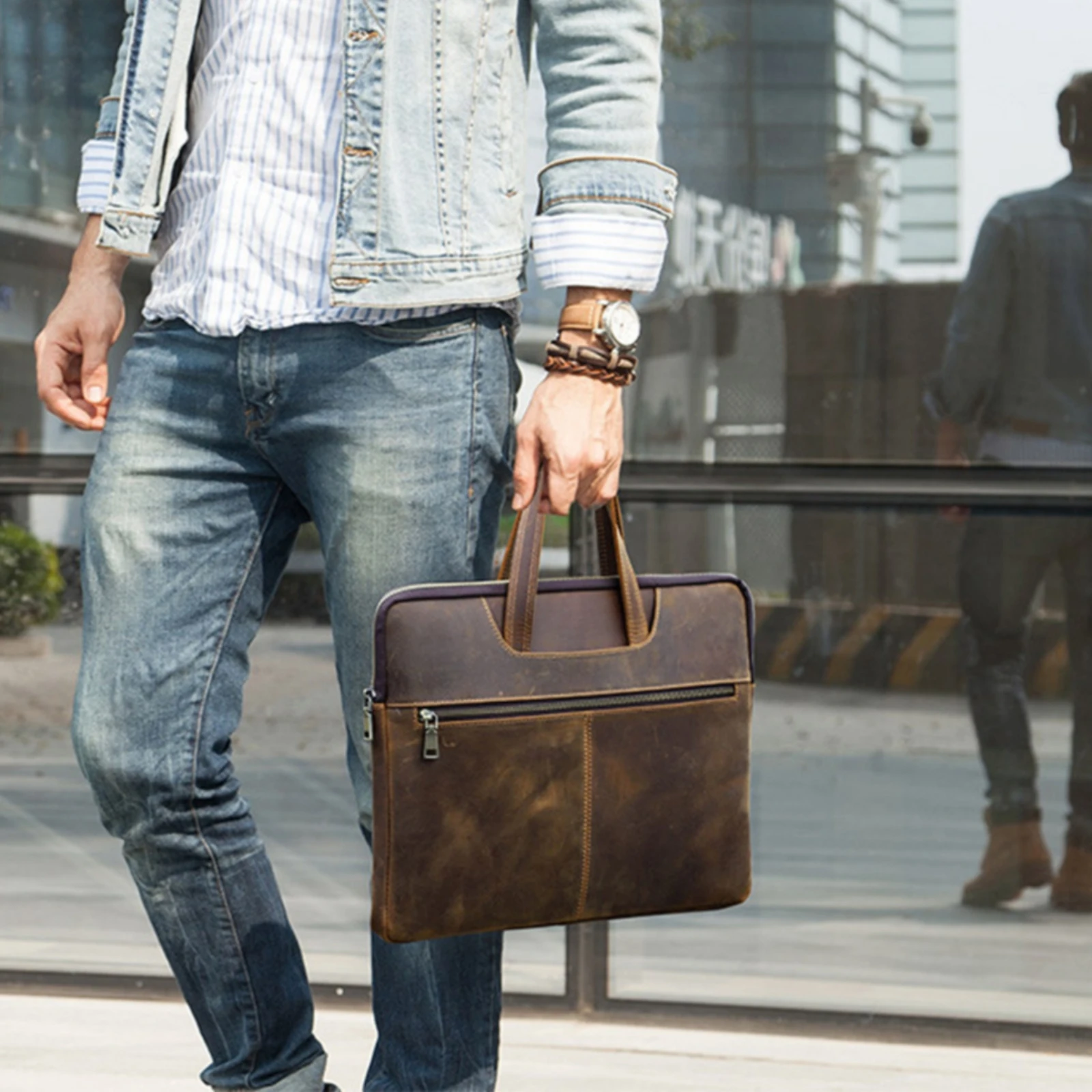 Leather Work Bag Slim Leather Laptop Briefcase Briefcase with Front Zip Pocket Sturdy Office for Commuters, Commuting, Meetings