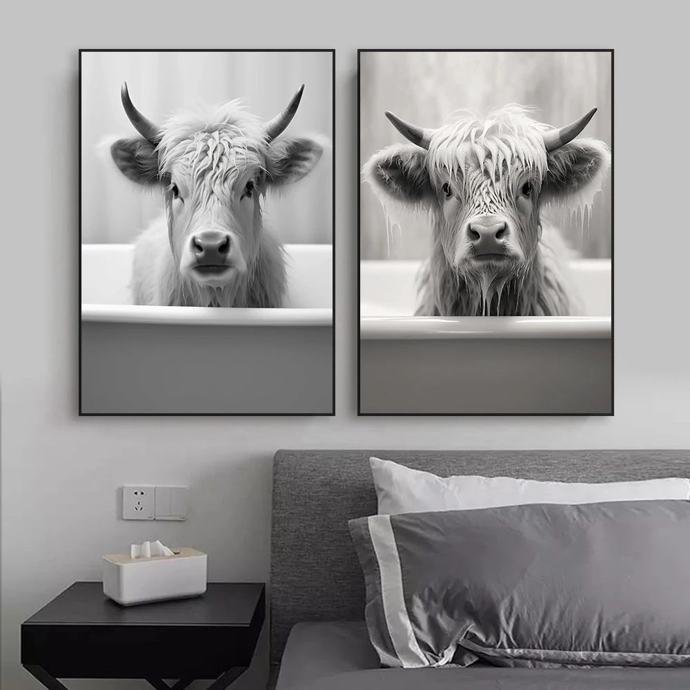 Black and White Cute Animal Poster Highland Cow In The Bath Art Print Cow In A Bathtub Art Print Bathroom Decor Canvas Painting