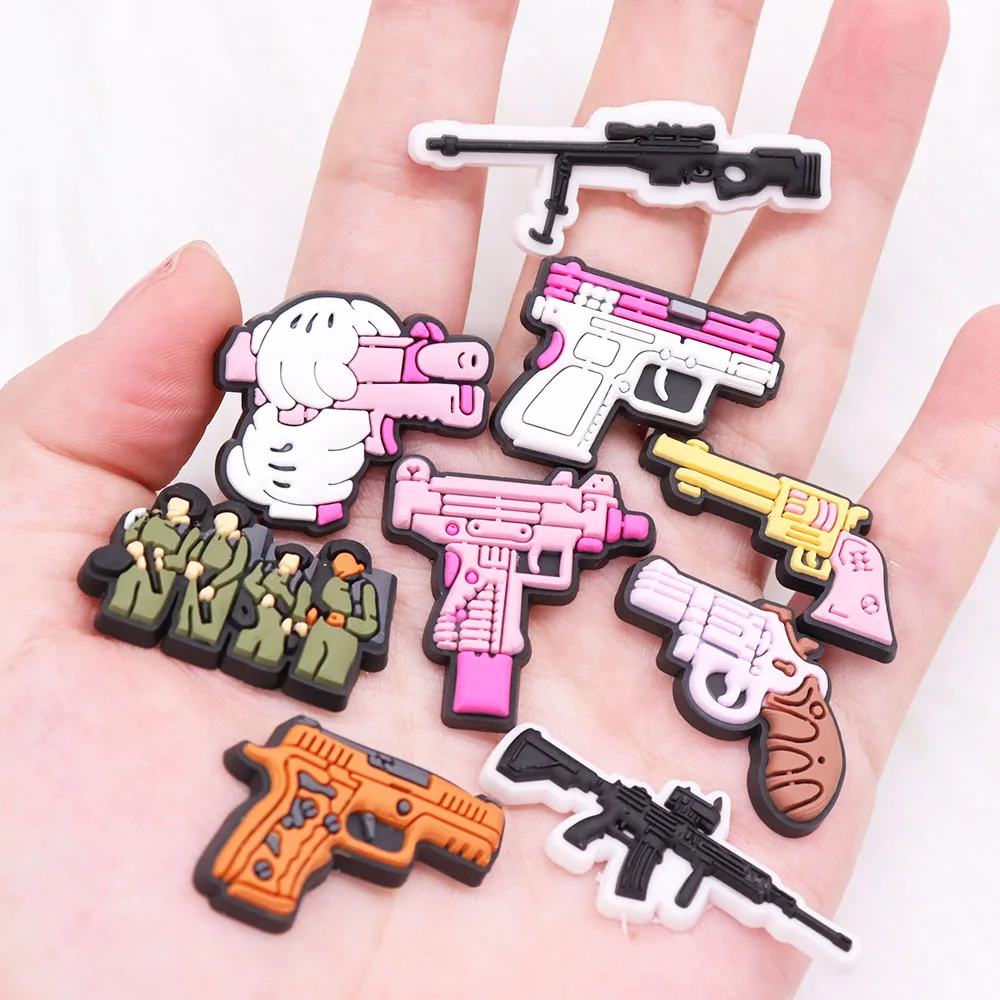 Mix 50pcs PVC Shoe Charms Cartoon Gun Hand Soldiers Buckle Clog Fit Wristband Garden Shoes Button Decoration Slipper Accessories