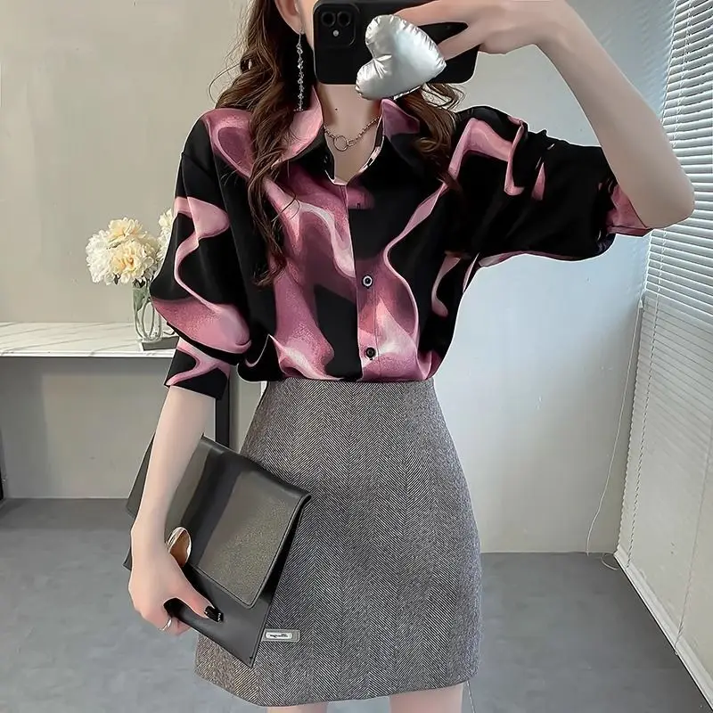 Fashion Ventilate Chic Spring Blouses Women's Spliced Polo-Neck Tie Dye Contrast Color Loose Single-breasted Long Sleeve Shirts