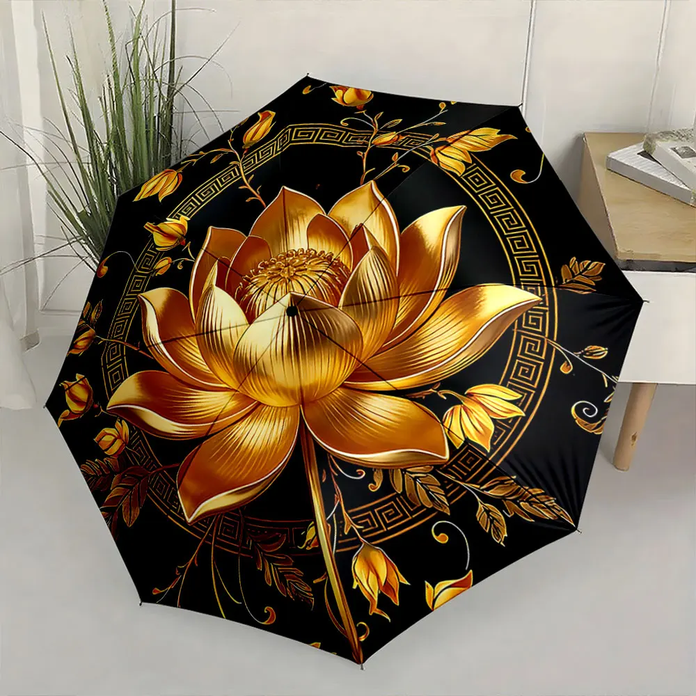 1PC Golden Lotus Elegance: Ornate Umbrella Design Print 8 Iron Ribs Folding Umbrella Auto-Open Fashion Sunshade