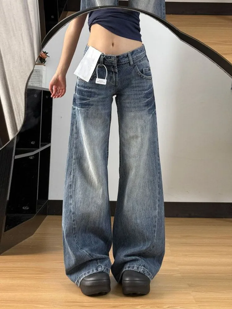 

American Style Retro Washed White Jeans Women's Low Waist Slim Loose Straight Leg Floor-Length Basswood Pants Commute Style