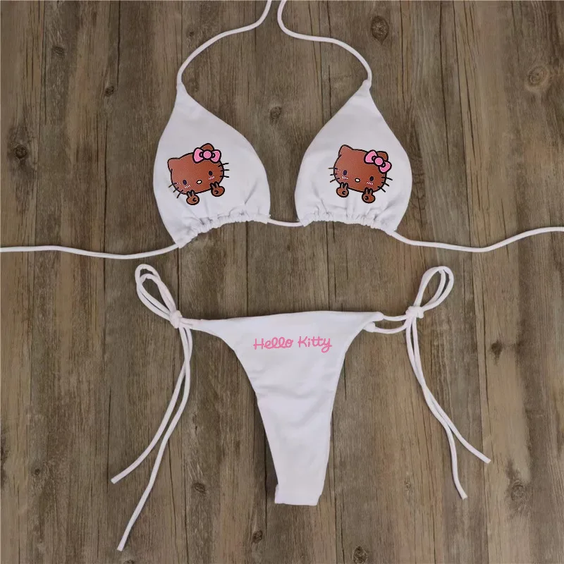 

Sanrios Hello Kittys Swimsuit Y2K Women's Sexy Bikini Set Strappy Swimwear Adjustable Underwear Thong Female Beachwear Summer