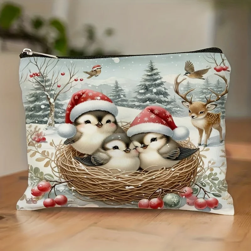 Christmas Bird Elk Cosmetic Bag Zipper Makeup Pouch Portable Storage Purse Winter Xmas Holiday Gift for Women