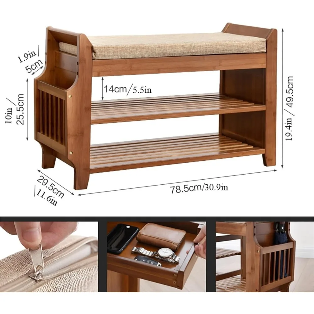 2 Tier Shoe Bench,Bamboo Material,Shoe Rack with Hidden Drawer and Side Holder, Shoe Storage Bench Organizer for Entryway