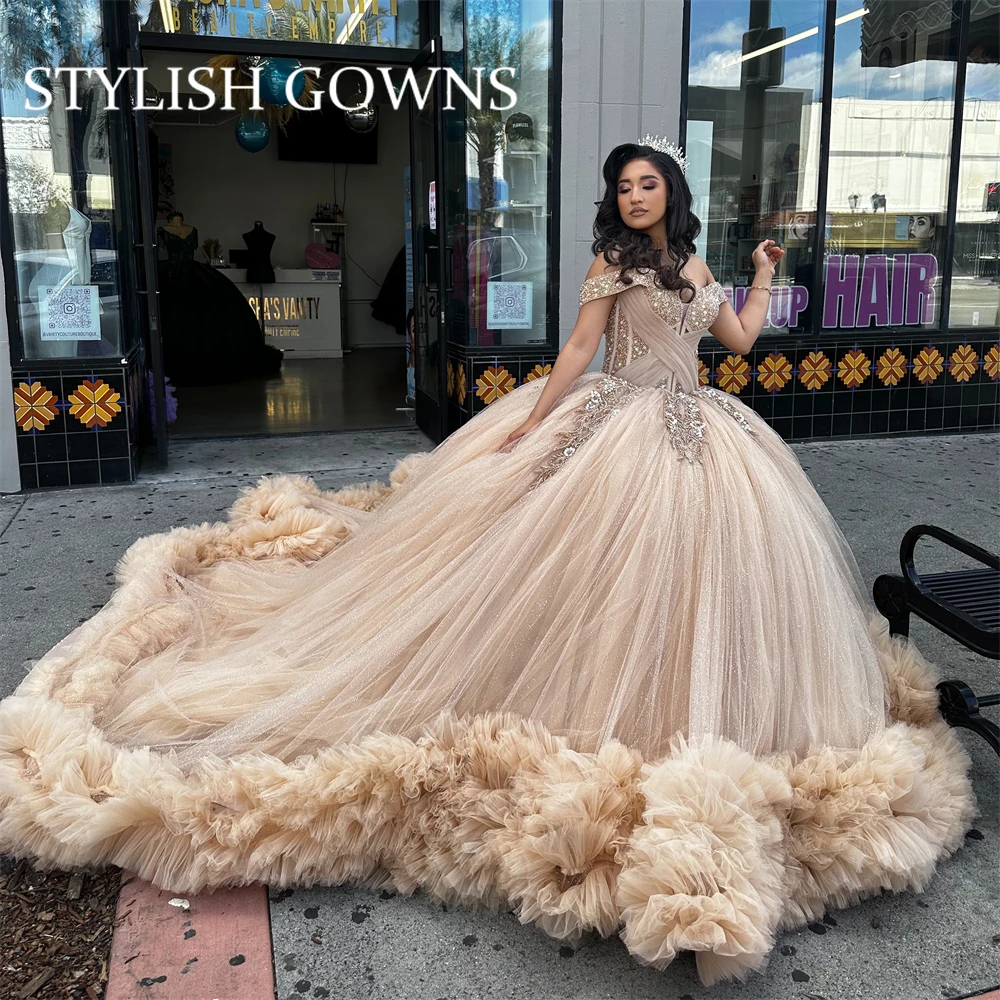 Vestidos De quinceañera con escote corazón champán, vestido De baile con apliques De cuentas, Formal, con volantes, escalonados, para graduación, 15 años