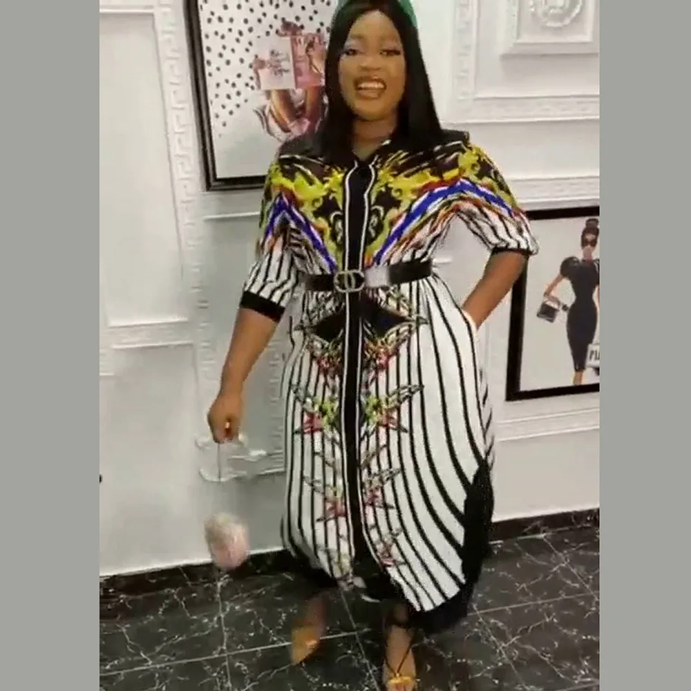 

Woman Clothing Long Dresses With Digital Printing Hot Diamond Shirt Style Ladies African Dress Casual Female Clothes With Belt